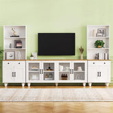Bellemave® 110" Farmhouse TV Stand with Solid Wood Gourd - Shaped Legs and Adjustable Shelves, Bookshelves & Tempered Glass Doors - Bellemave